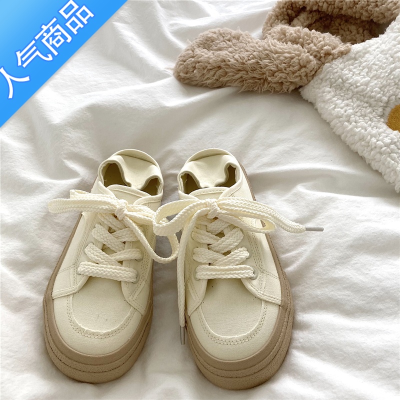 SUNTEK奶茶色~两穿踩跟小白鞋女夏季ins百搭厚底帆布鞋学生薄款透气半拖高清大图