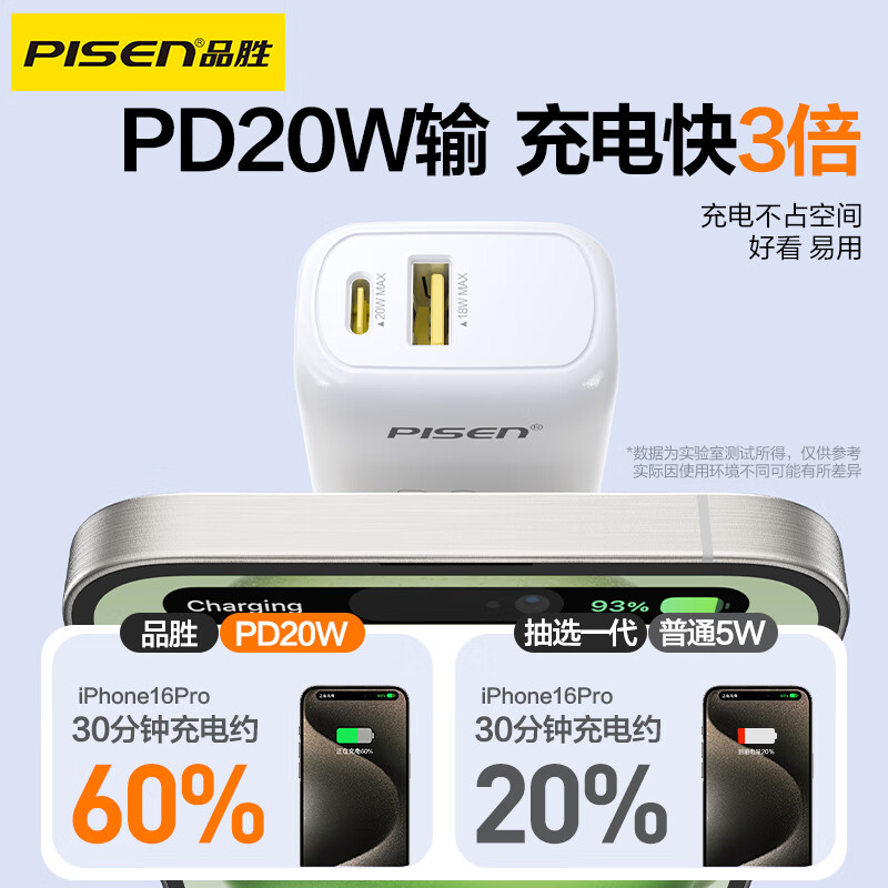 品胜(PISEN)PD20W双口智能快充充电器A+C(TP-C22/云初白)高清大图