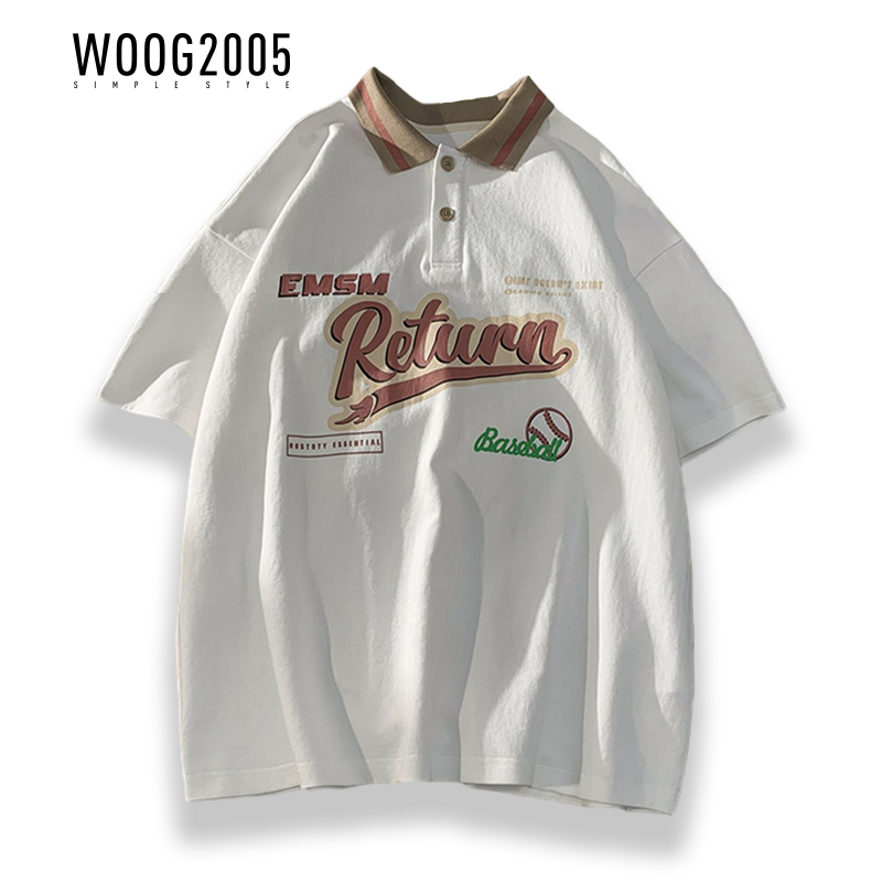 WOOG2005撞色翻领polo衫短袖男生夏季潮牌港风潮流宽松百搭t恤衫