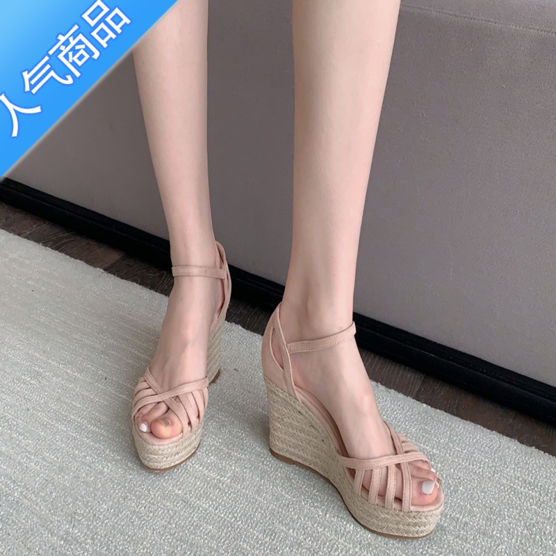 SUNTEK坡跟凉鞋女夏2023新款时尚厚底夏天麻绳镂空松糕仙女一字鞋尚款凉 黑色 34