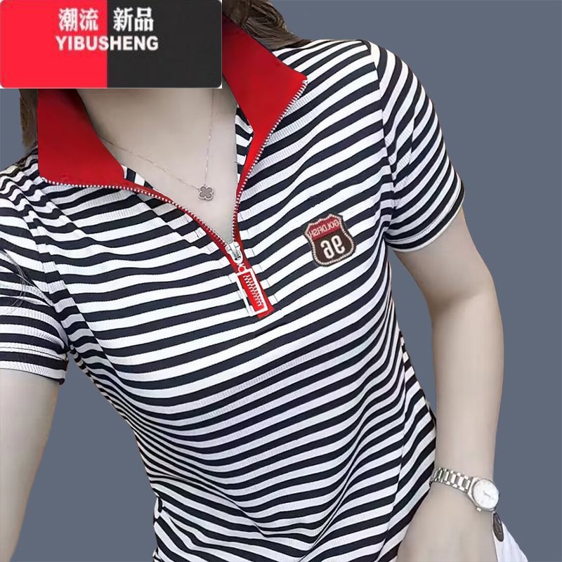 YIBUSHENG2024新款女士t恤短袖休闲百搭上衣衬衫拉链衫条纹穿搭A高清大图