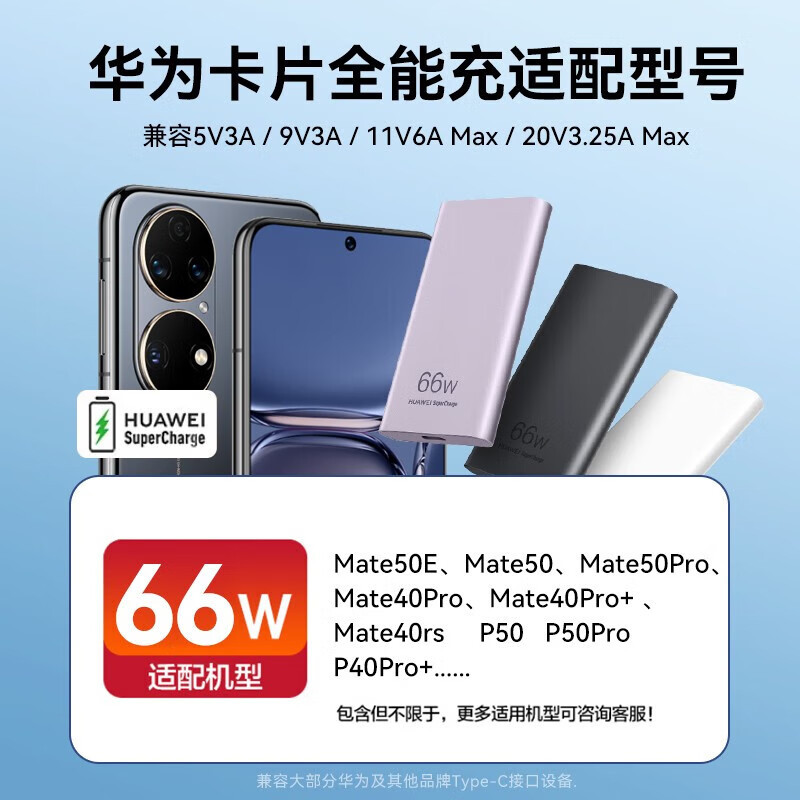 华为(HUAWEI)66W卡片全能充电器超级快充手机笔记本平板电源适配器 充电头+1米6A数据线TypeC转TypeC