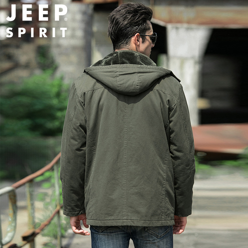 jeepspirit吉普男士冬季连帽保暖棉衣男中长款可脱卸加绒内胆加厚棉服