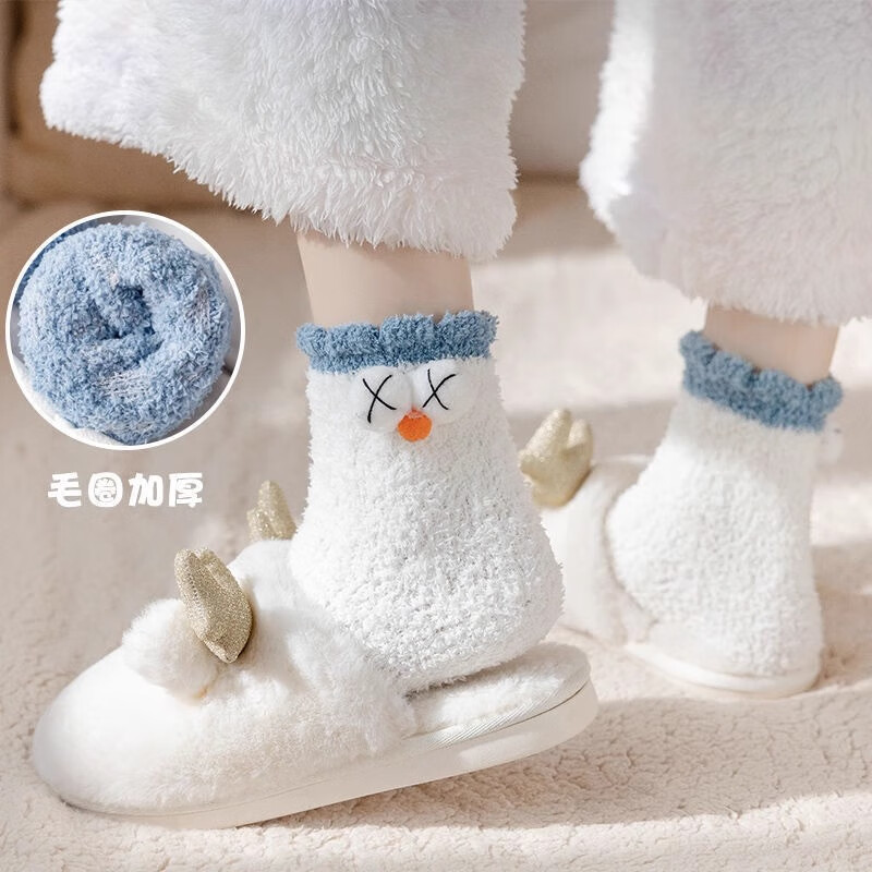 浪莎珊瑚绒袜子女秋冬季加厚保暖毛圈袜月子睡眠地板袜可爱中筒袜高清大图
