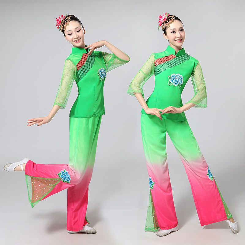 新款演出服广场秧歌服装民族现代舞蹈演出服女装扇子舞表演服装 绿色