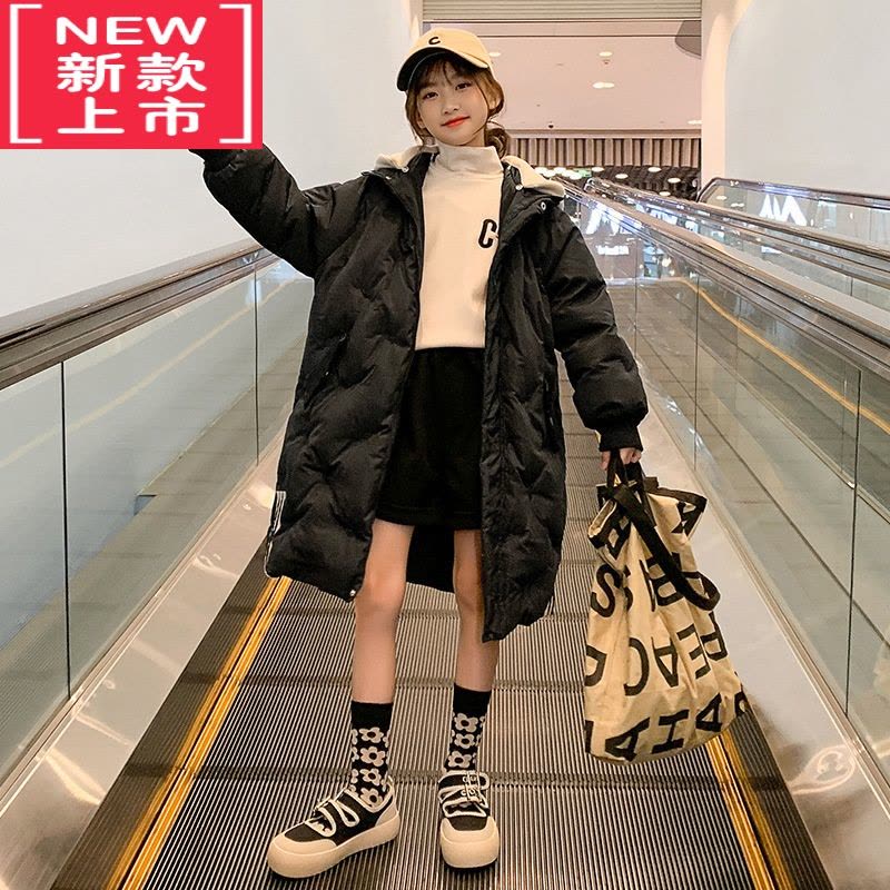 可莉允女童长款棉服过膝加厚棉服中长款连帽棉袄中大童韩版羽绒棉服外套图片