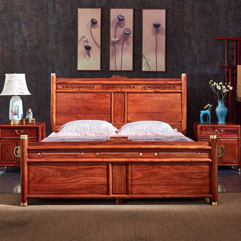 周家庄红木家具非洲花梨学名刺猬紫檀新中式床实木床大床婚床床头柜
