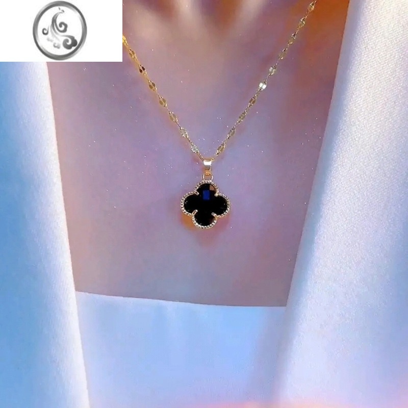 JiMi黑色双面四叶草项链女高级轻奢设计感小众吊坠K金色锁骨链送礼物 黑色四叶草