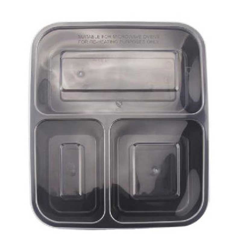 儵忽 一次性三格黑色方形平底平盖打包盒 RY3G1000 1000ml 150套/ 1箱