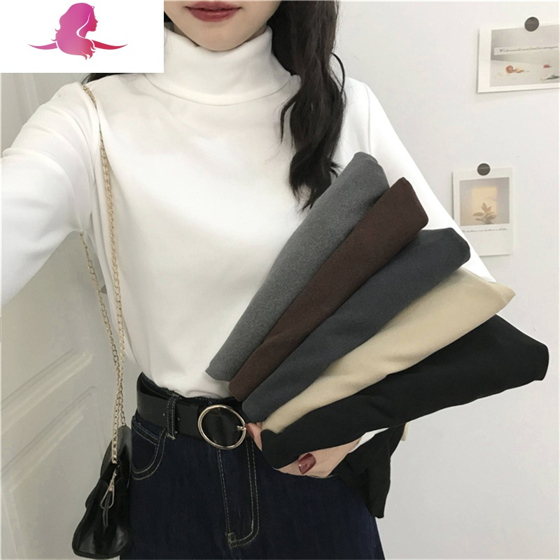 艳如飞高领德绒打底衫女春秋港风chic白色长袖T恤薄款纯色洋气内搭上衣T恤