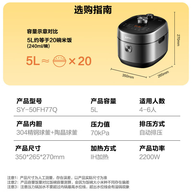 苏泊尔(SUPOR) SY-50FH77Q 电压力锅5L 精钢球釜(单位:个)不锈钢色高清大图