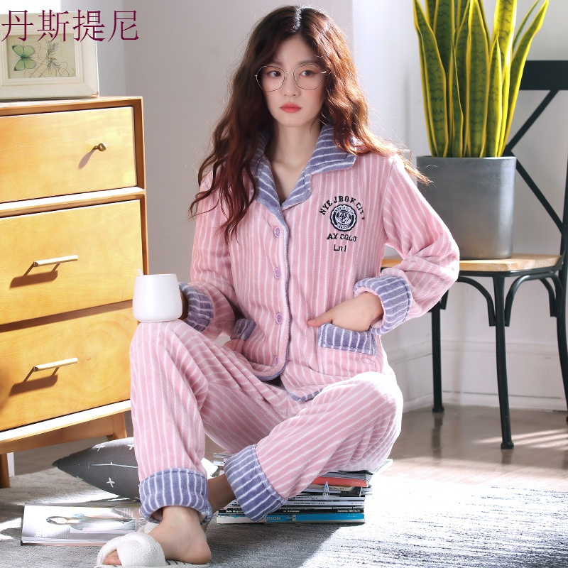 韩版法兰绒睡衣女秋冬季珊瑚绒加厚加绒春秋套装可爱大码家居服冬
