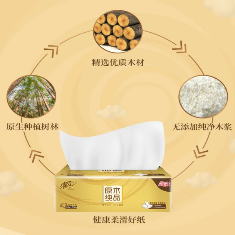 清风敦煌文创原木纯品系列4层加厚纸巾110g*30卷/箱高清大图