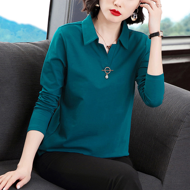 艳如飞加大码棉长袖t恤女秋衣外穿中年妈妈翻领棉中老年宽松有领t血