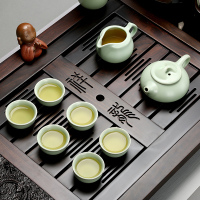 金镶玉 茶具套装 檀木实木茶盘 仿宋汝窑开片 茶壶茶杯功夫茶具套组 自动上水电热炉 黑檀祥龙汝窑套组
