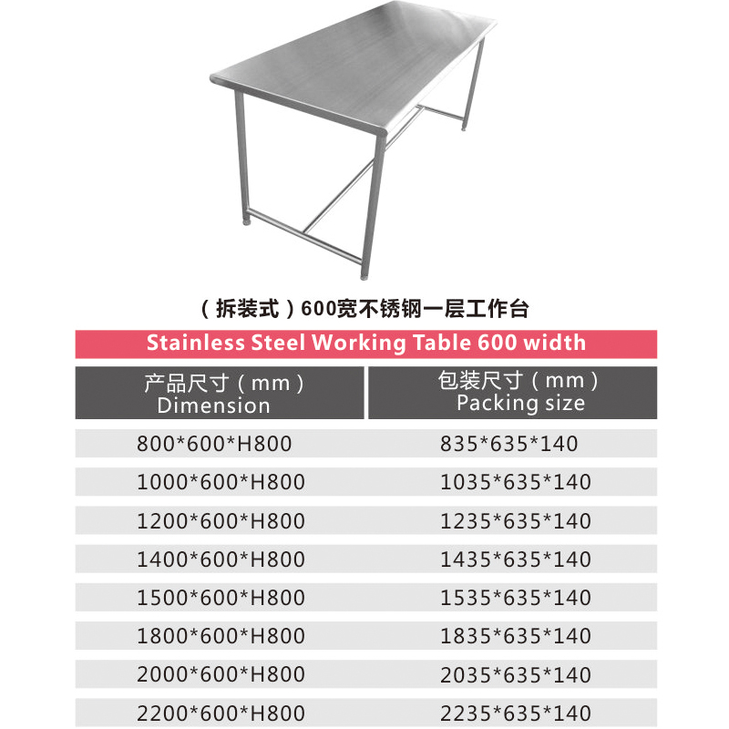 今创(jinchuang) 一层加厚不锈钢拆装式工作台厨房置物架单层操作台酒店饭店1.2米长切菜配菜案板打荷桌子