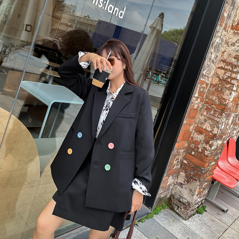 艳如飞大码女装西服两件套秋季韩版宽松显瘦时尚洋气胖mm200斤西装外套大码女装