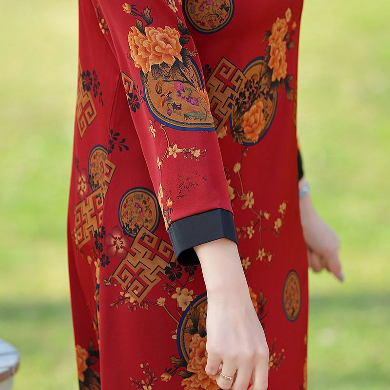 妈妈装长袖连衣裙洋气妇女长裙中老年女装春装裙子中长款遮肚显瘦 广赫
