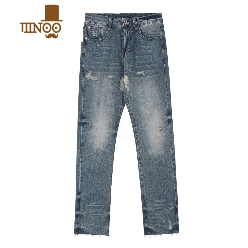 YANXU欧美复古水洗蓝色磨破毛边直筒牛仔裤潮牌高街裤子男显瘦坠感U裤高清大图
