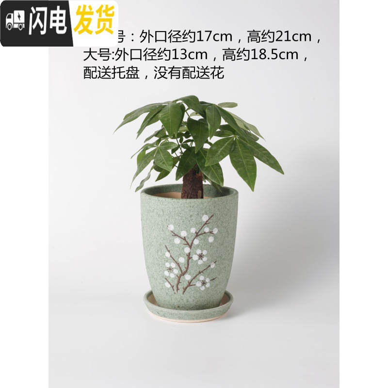 三维工匠陶瓷花盆北欧特大号中号简约桌面多肉盆栽绿萝吊兰带托盘 深绿色301粗绿色印梅花 特大花盆容器