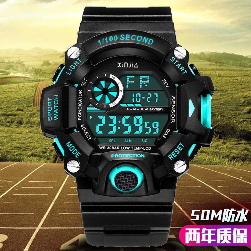 深海蓝(防震防摔运动防水闹钟计时) [优先发货]儿童手表男学生韩版潮流初中生运动闹钟防水多功能夜光电子表社会