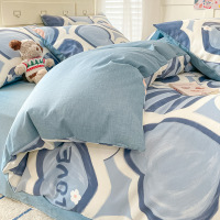 被套单件128x68被罩纯棉单人宿舍被单被套1.5四件套四季通用_788 1.5米床单四件套【床单230x245被套200x230】 爱心兔-蓝【亲肤柔软裸睡】