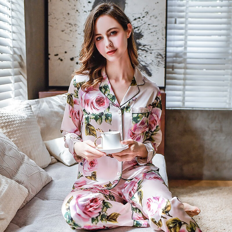 卡姿希品牌服饰真丝睡衣女春秋款两件套桑蚕丝性感蕾丝家居服长袖薄款