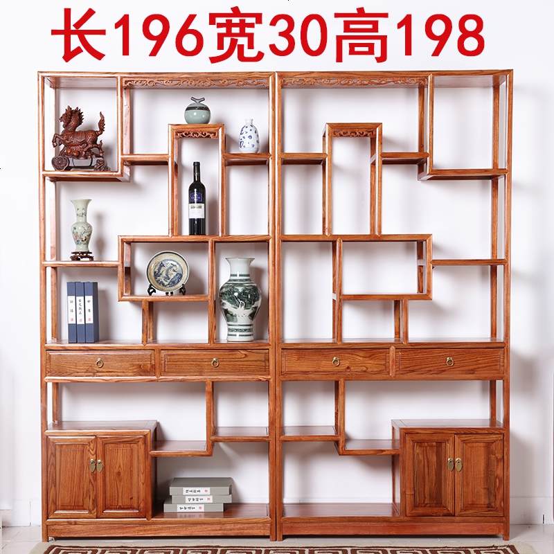 博古架实木多宝阁中式仿古家具榆木茶叶展示陈列柜客厅隔断置物架 二_二斗一对_1米以下