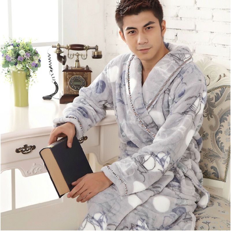 法兰绒睡袍男秋冬季男士浴袍大码珊瑚绒睡衣男浴衣