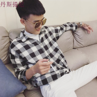 春秋季网红衬衫男潮流韩版修身长袖薄款社会小伙休闲格子衬衣男装