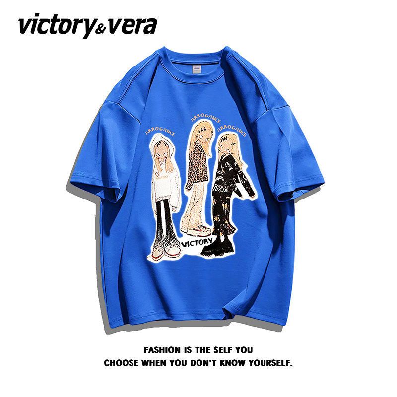 VICTORYVERA个性印花100%纯棉短袖T恤女2022夏季学生宽松半袖上衣