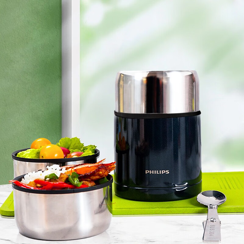 飞利浦(PHILIPS)飞利浦焖烧杯无缝内胆女保温饭盒桶闷烧杯焖烧壶罐便携上班族煮粥 白色600ml316无缝送勺子 蓝黑600ml【316无缝送勺子】