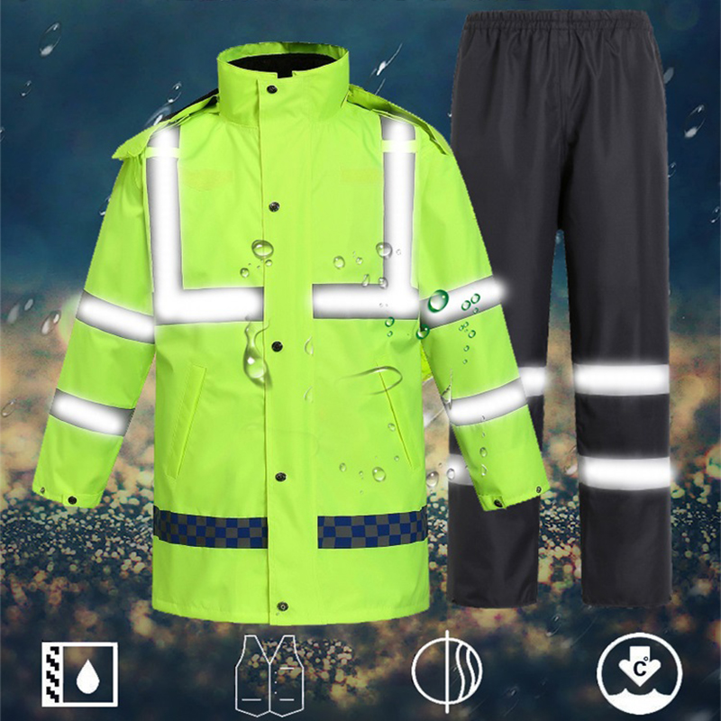 户外分体雨衣雨裤套装男士加绒加棉加厚保暖双层交通保安反光雨衣高清大图