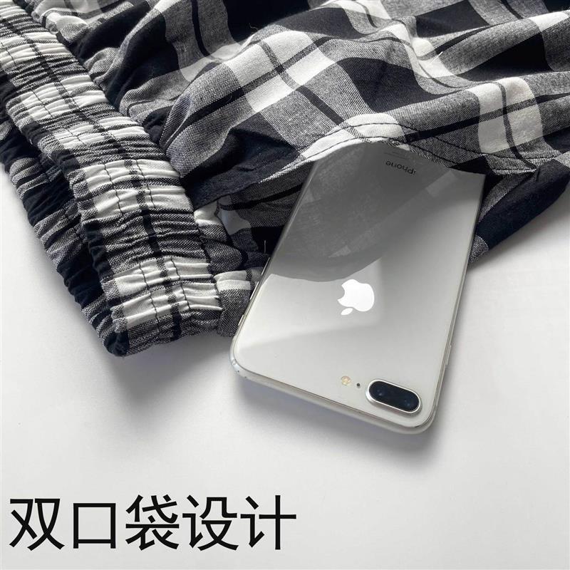 睡裤女夏季格子短裤纯棉时尚宽松透气居家可外穿全棉薄款梭织大码