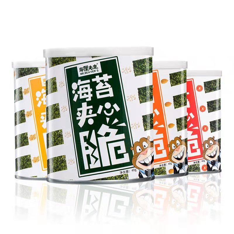 海狸先生海苔夹心脆40gX4罐组合(芝麻*2+巴旦木*2)夹心海苔即食儿童零食 休闲零食