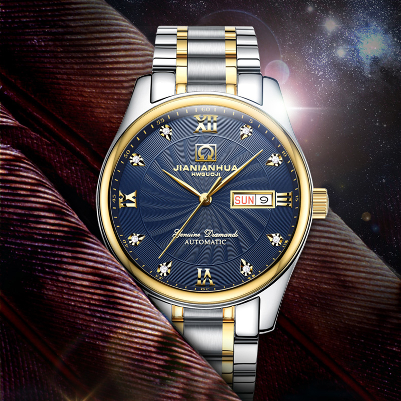 瑞士嘉年华Carnival正品新款手表全自动机械表 男表休闲时尚镶钻间金双日历手表男士防水金属腕表男士表8671高清大图