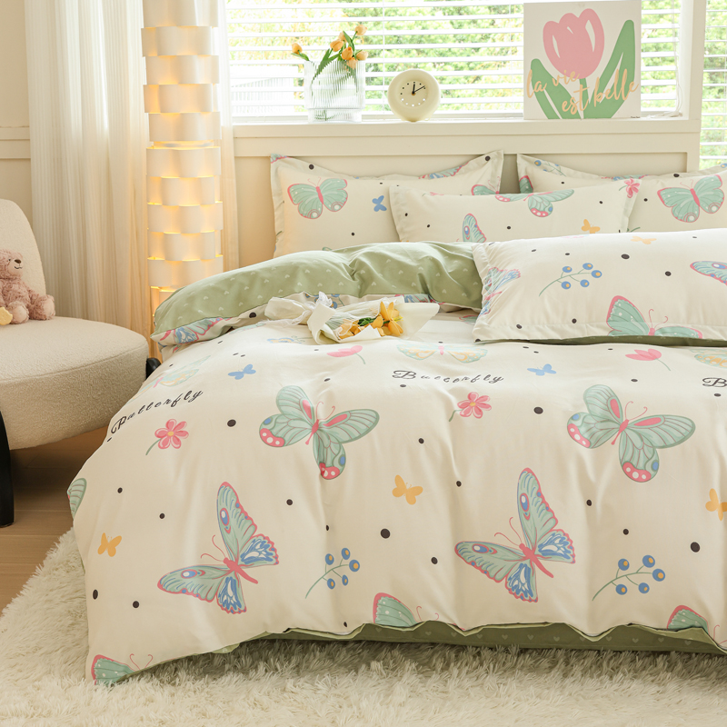源木熊家纺蝴蝶翩翩植物羊毛绒四件套保暖亲肤透气床品套装防菌防螨卧室用品适用1.5-1.8米床被套200*230cm高清大图