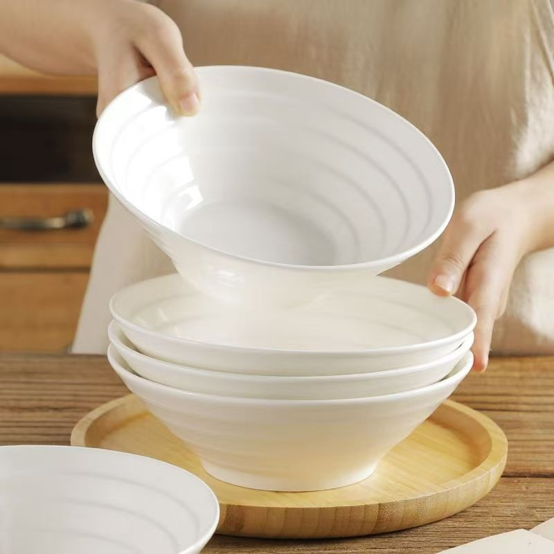 康夫贝横纹汤碗拉面碗高颜值餐厅家用陶瓷饭碗防烫加厚8英寸纯白喇叭碗4只装高清大图