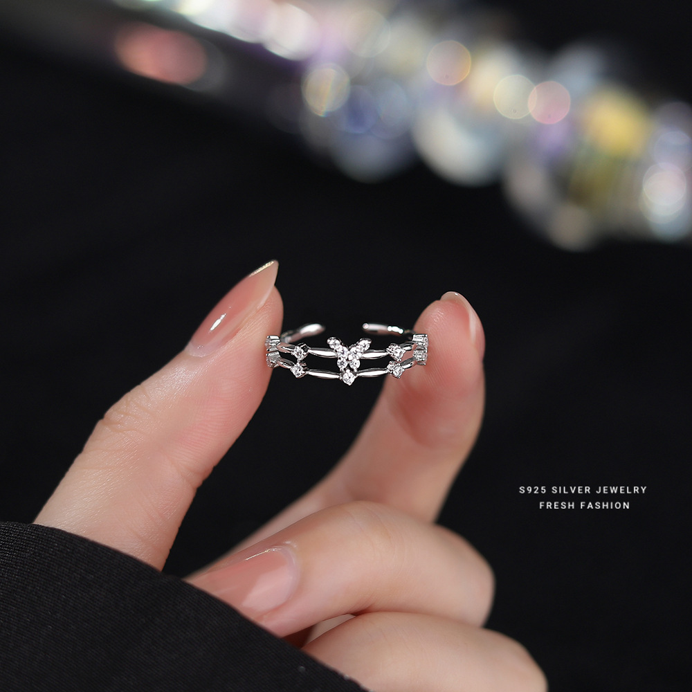 s999纯银双层闪钻蝴蝶戒指女韩轻奢冷淡风小众设计开口足银指环送女朋友老婆情人节七夕生日礼物