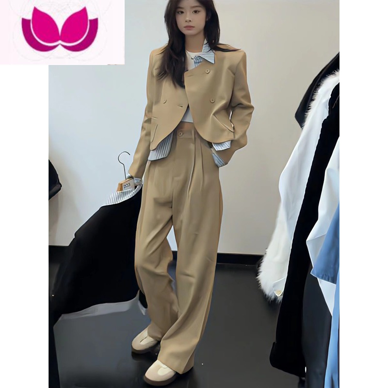 七斓欧货春季新款高级感御姐风套装女撞色拼接上衣高腰阔腿裤套潮