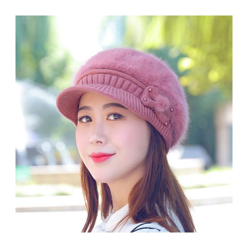 冬季兔毛针织毛线帽子女韩版加绒保暖护耳鸭舌帽贝雷帽新款蝴蝶结