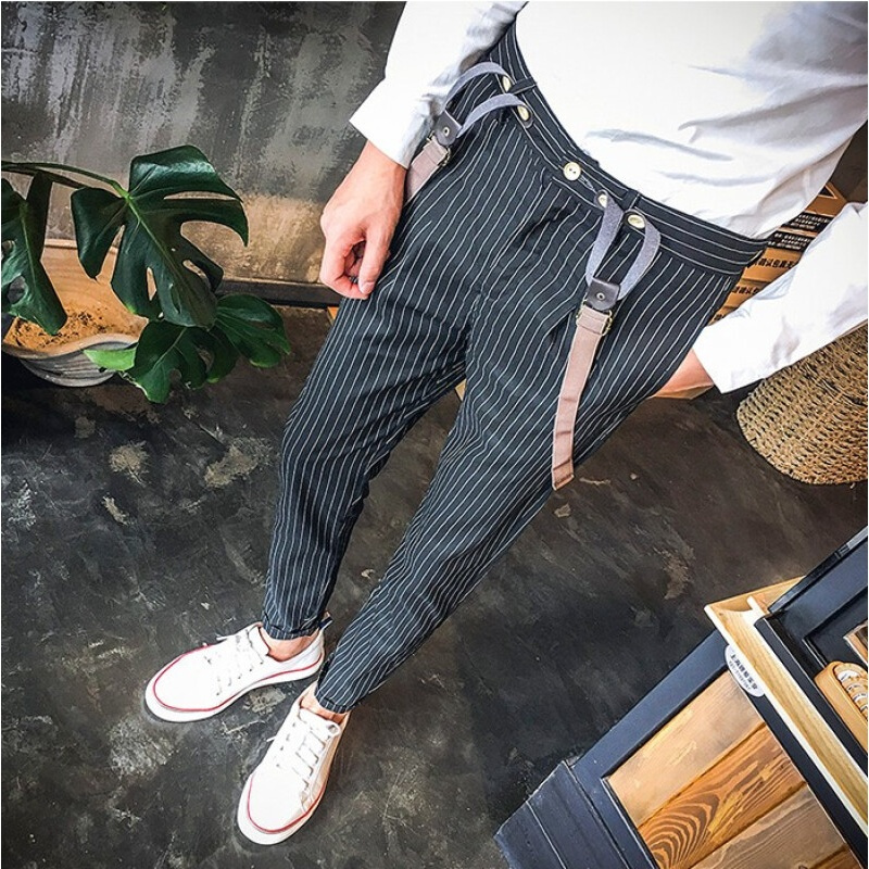 18季男士背带裤条纹休闲裤型师背带裤男生长裤潮男格裤报价_参数_图片