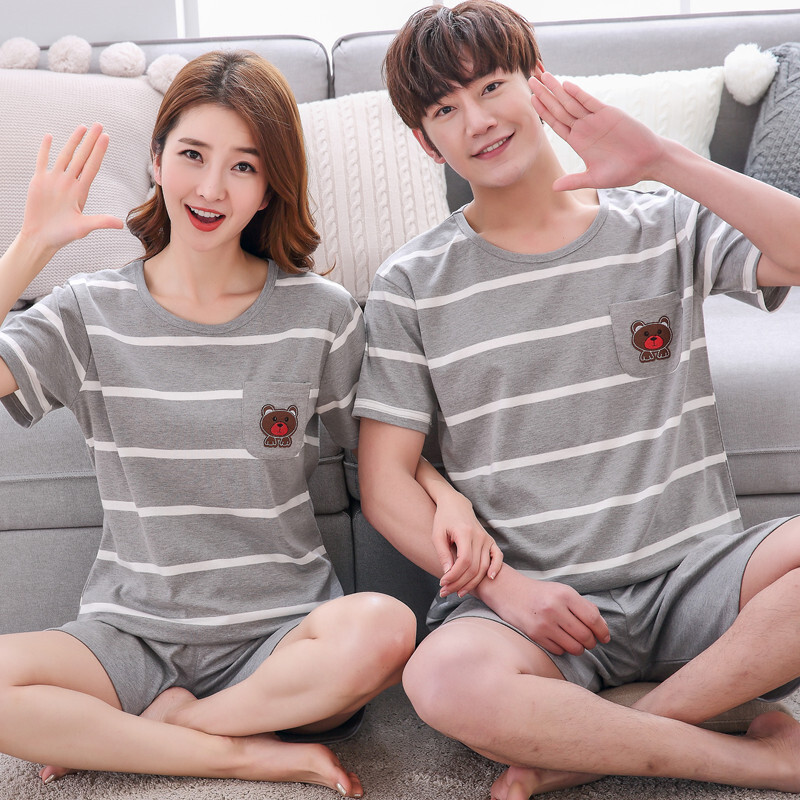 情侣条纹睡衣男士睡衣女夏季纯棉短袖短裤可爱卡通少女家居服套装
