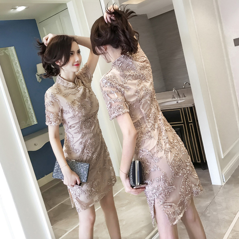 改良旗袍连衣裙女士夏季2018新款复古名媛礼服ins超火的蕾丝裙子
