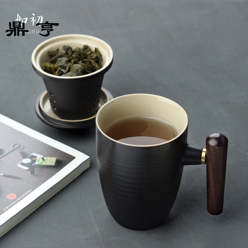 鼎亨陶瓷带盖过滤茶杯创意木把简约办公杯泡茶杯子喝茶水杯家用