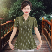 古莱登妈妈夏装短袖t恤女40-50岁中年妇女衣服宽松薄中老年女装夏季上衣 绿色 2XL【105-120斤】