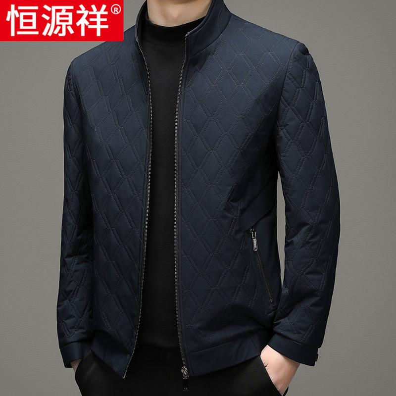 恒源祥秋冬新款棉衣夹克外套男休闲菱格立领棉服中年男装保暖袄子 170 YL2107深蓝色