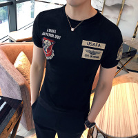 2018春夏新品男款鹿皮绒店主风短袖字母贴布款T恤青年韩版修身T恤