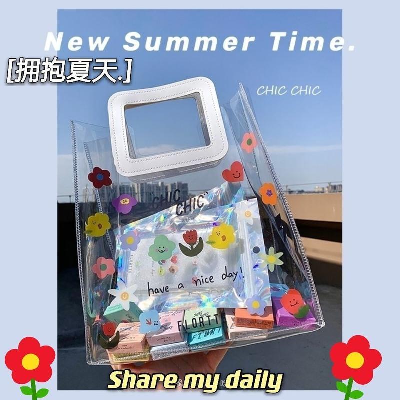 韩国夏季奶油色大容量PVC游泳透明防水沙滩包单肩包收纳包洗漱包 小花包
