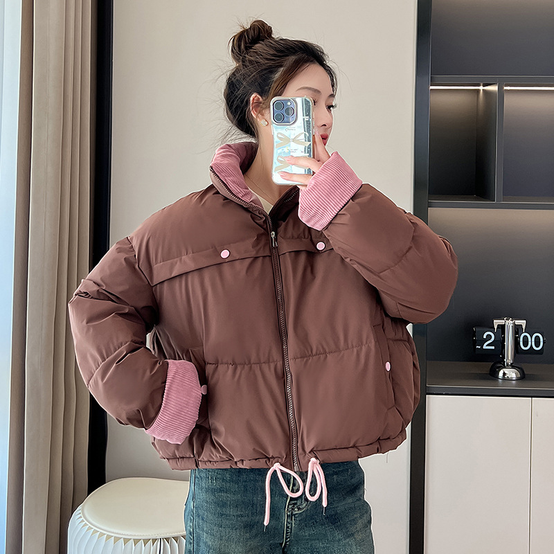 2024年新款羽绒棉服女冬季韩版宽松棉衣休闲慵懒风灯芯绒拼接外套高清大图